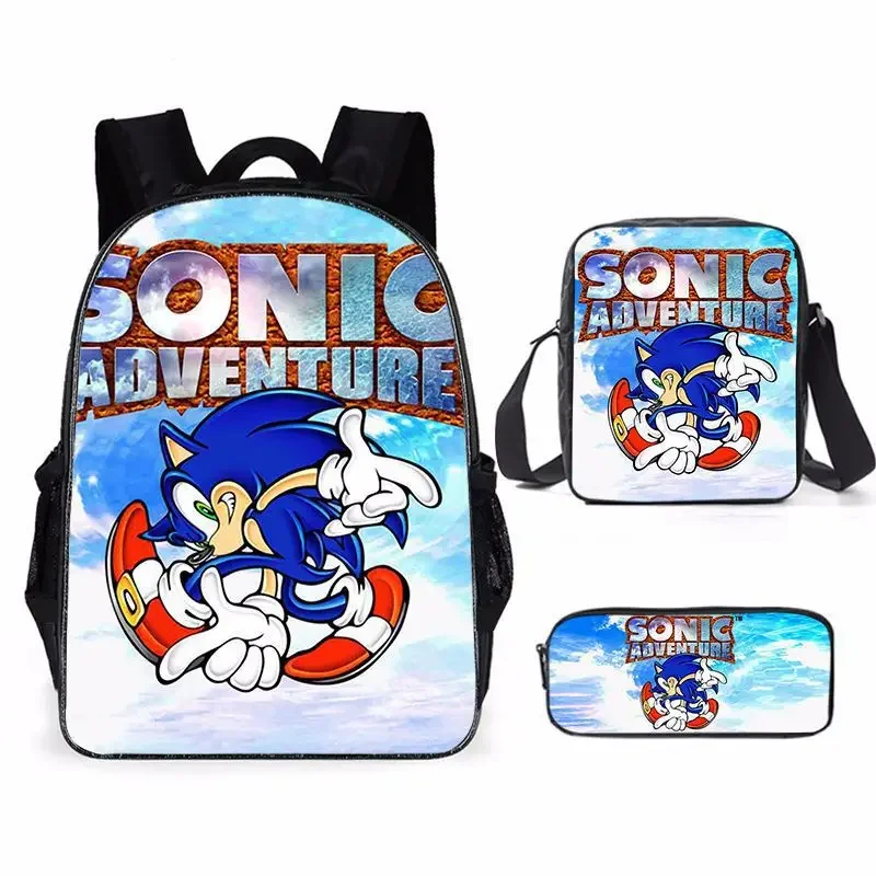 The New Cartoon Sonic Three-piece Schoolbag Primary and Secondary School Students Messenger Bag Pencil Bag Zipper Backpack