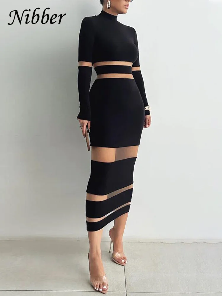 Nibber Elegant Mesh Patchwork Maxi Dress Women See Through O-Neck Full Sleeve Female Evening dresses Bodycon Vestidos Clothing