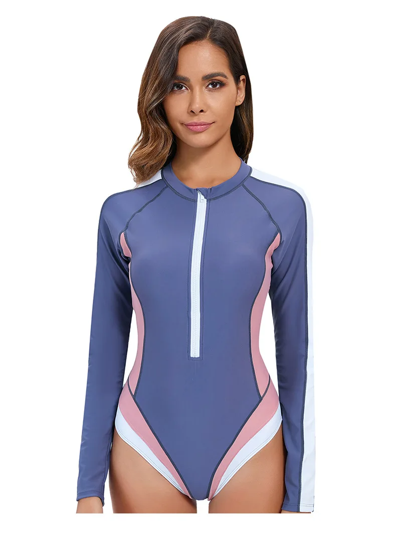 Women Long Sleeve Bathing Suit Wetsuit One-Piece Swimsuit Half-Zip Design Slim Fit Beach Surfing Swimwear Multiple Colors