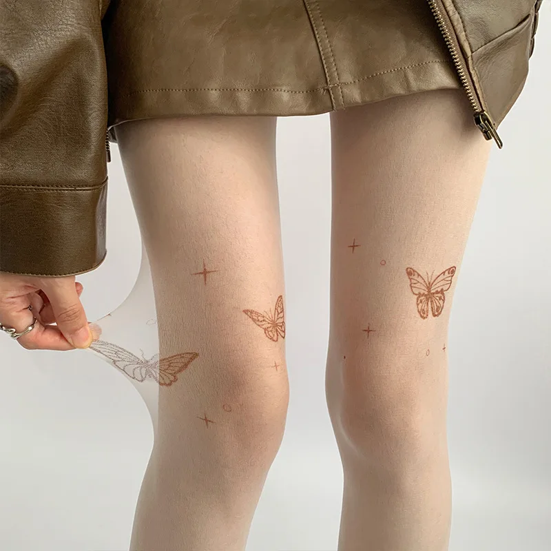 Sexy Women Black Tights Vintage Butterfly Print - Uniqwear