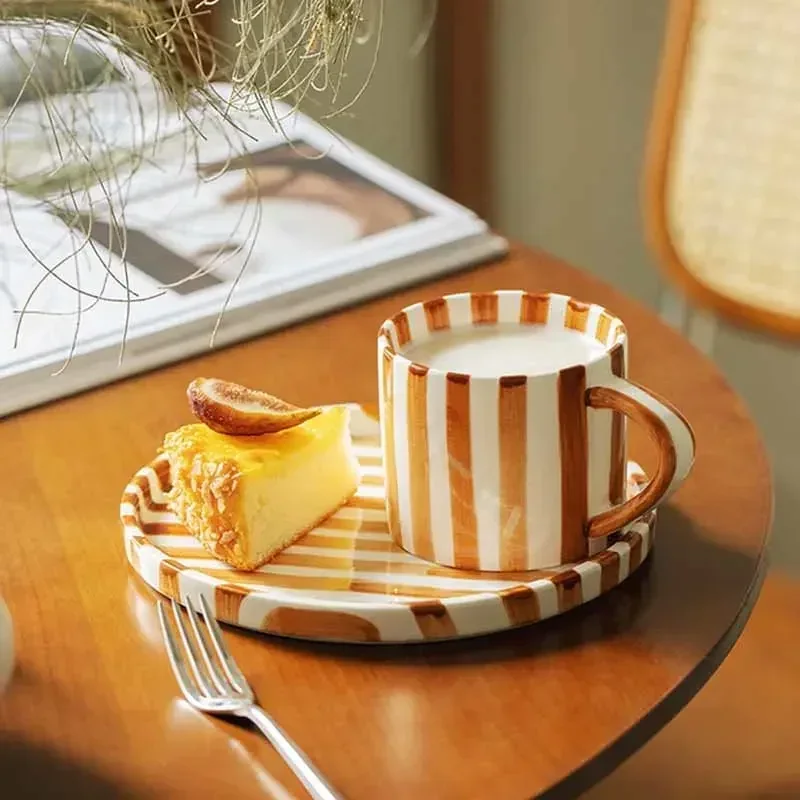 Nordic Ceramic Plate Striped Creative Western Food Dinner Dishes Plates Breakfast Dishe Dessert Plate Coffee Tableware Mug Set