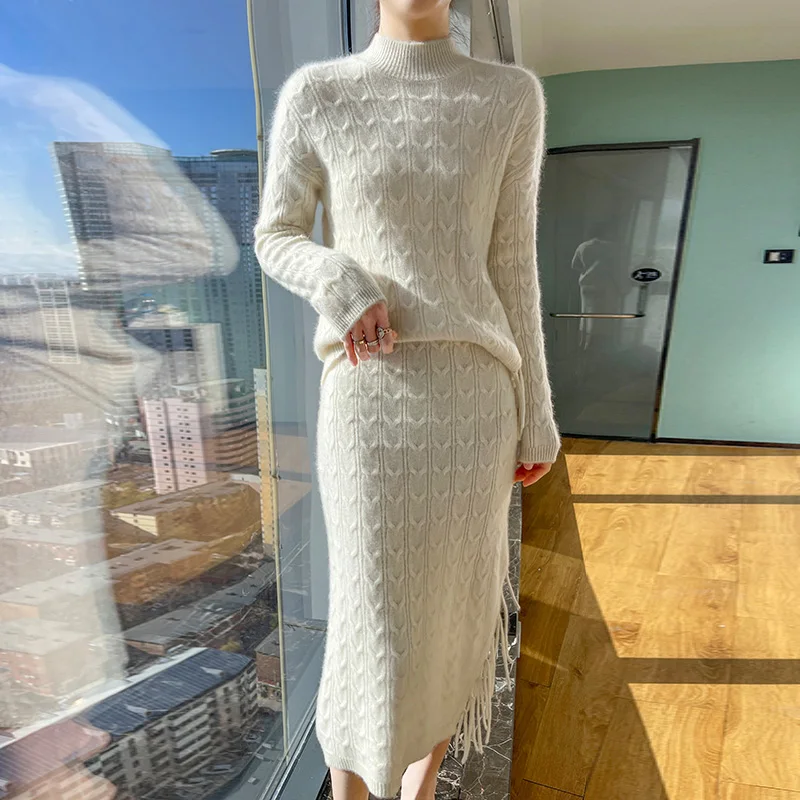 Elegant and Intellectual Women's Clothing Pure Wool Sweater Skirt Two-Piece Half Turtleneck Knitted Jumper Fashion Fringe Skirt 100% pure wool cashmere sweater men s half turtleneck pullover casual fashion thickening tops knit loose patchwork men s jacket