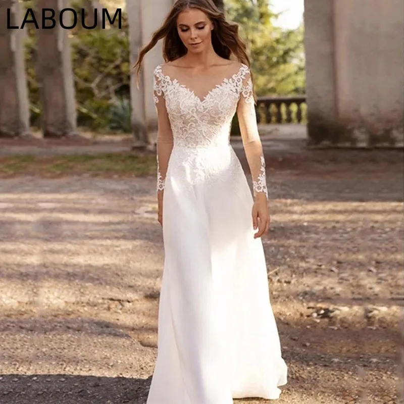 

LaBoum Wedding Dresses For Women Lace Appliques V-neck Illusion Sleeves Plus Size Bridal Gowns Vestidos De Noiva robe de mariée