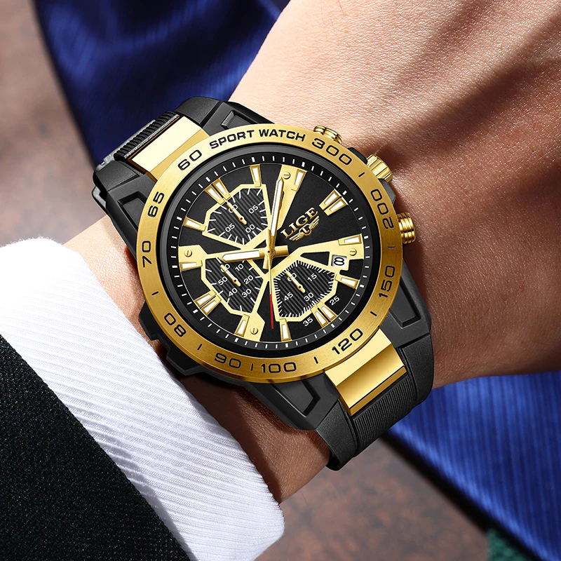 LIGE Fashion Sports Chronograph Watch Men Business Silicone Waterproof Men's Quartz Wristwatches Casual Military Date Watch Men 5