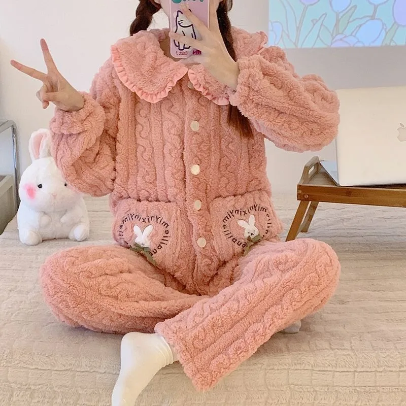 Coral velvet pajama women autumn and winter thickened velvet jacquard plush warm outside to wear home wear set loungewear women