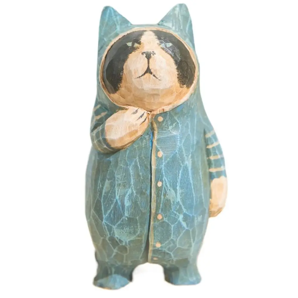 Solid Wood Wood Carving Cat Ornament Simple Style Small Painted Cartoon Cat Sculpture Cute Handmade