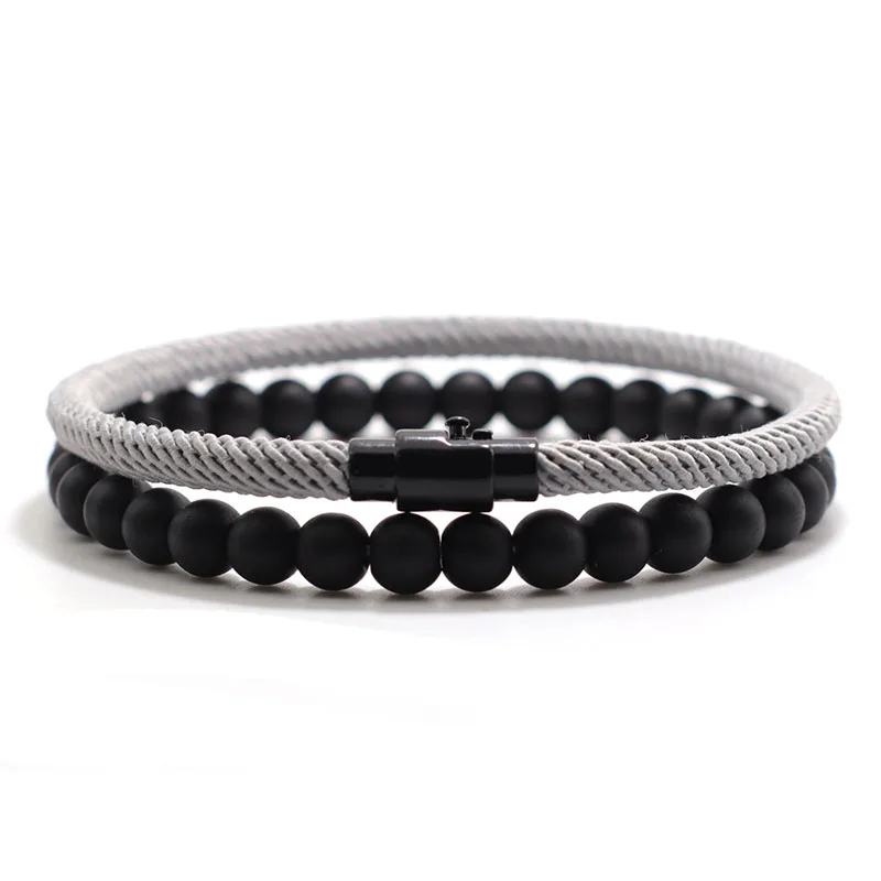 Unisex Onyx Stone Cord Bracelet Set for Couple