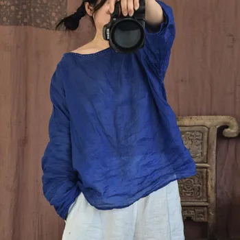 Johnature Women Vintage O-Neck Long Sleeve T-Shirts Ramie 2025 Spring New Solid Color Tees Loose High Quality Casual T-Shirts 1