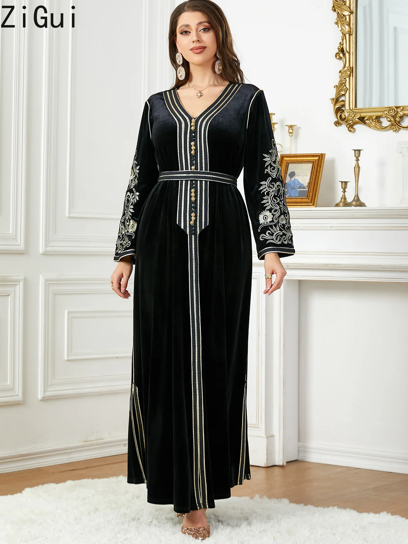 Zigui Arabic Dress Italy Dubai Luxury Russia Middle East Beaded Embroidered Dresses Evening Party Prom Black Velvet Jalabiya