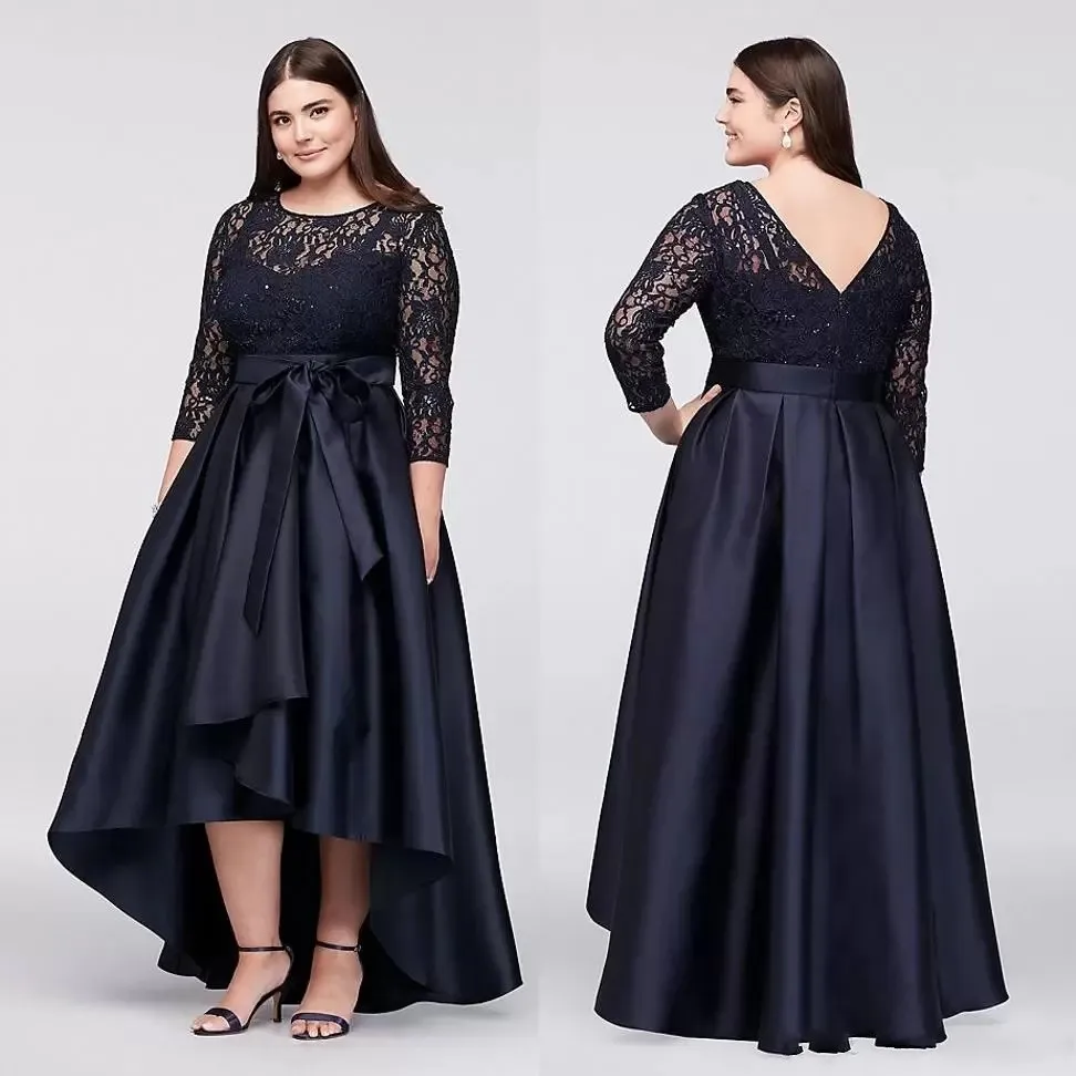 

Black Plus Size High Low Prom Dresses Half Sleeves Sheer Jewel Lace Satin Evening Formal Gowns Vestidos Feast Robe De Soiree