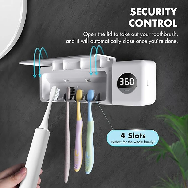 UVC Wall-Mounted Toothbrush Sterilizer and Holder, Toothbrush Cleaner, Wall Holder with 4 Slots and Timer