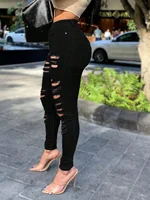 Women Slim-Fit Black Ripped Jeans with Button Zipper Pockets - Casual Fashion Solid Color Denim Pants - Image 4