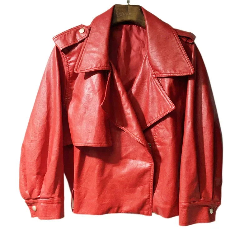 

Women Spring Red Leather Jacket Loose PU Leather Long Sleeve Short Girls Jackets Motorcycle Faux Leather Coat Fashion Streetwear