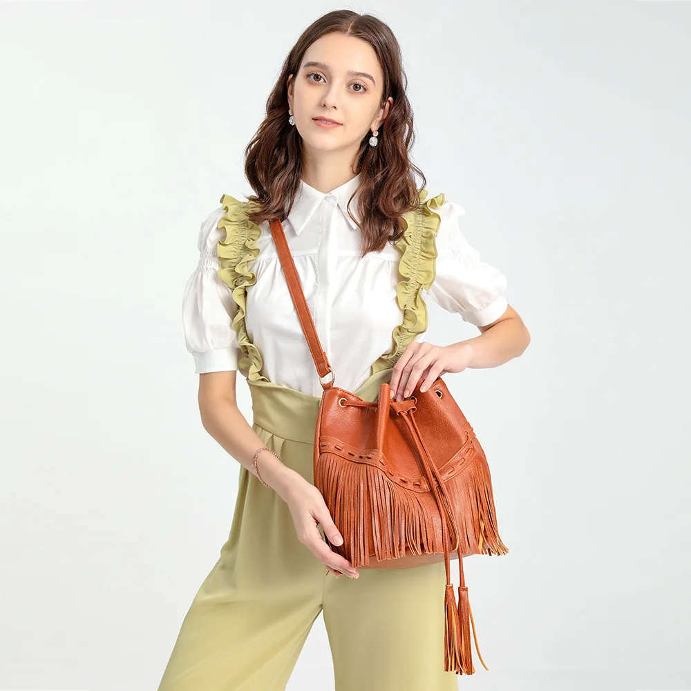 Leisure Pleated Handmade Tassel Bucket Bag PU Tassel for Women's Crossbody Bag Ladies Handbags Sale with Free shipping
