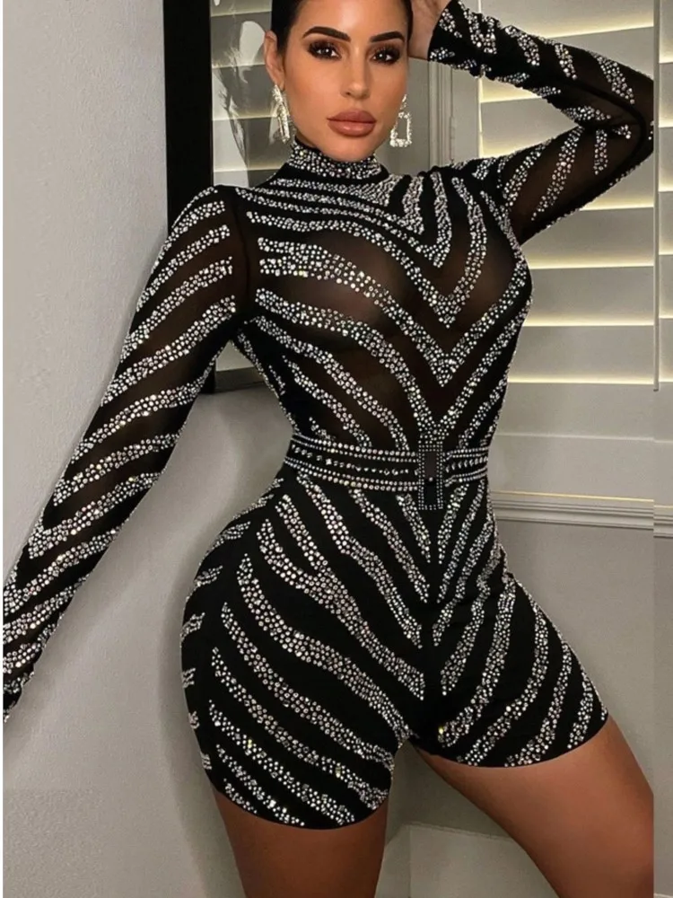 

RDMQ 24 Sparkle Black Silver Rhinestones Sheer Jumpsuits Summer Glam Long Sleeve Mesh Crystal Romper Nightclub Outfits Clubwear