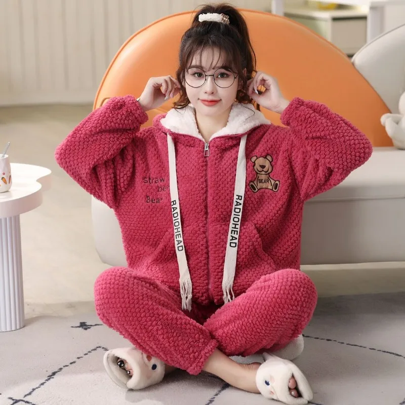 2024 New Autumn Winter Pajamas Lovely Sweet Students Leisure Home Service Suits Velvet Padded Warm Loungewear Girls Outside Wear