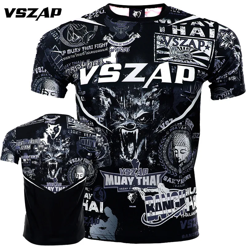 

Vszap Elastic Quick-Drying Muay Thai Wolf Personality Art Short Sleeve MMA Fitness Men's Sports Comprehensive Fighting Boxing T-