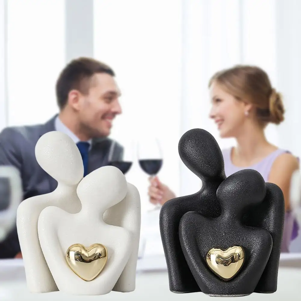Couple-Figurine-Ceramic-Golden-Love-Heart-Men-Women-Embrace-Statue ...