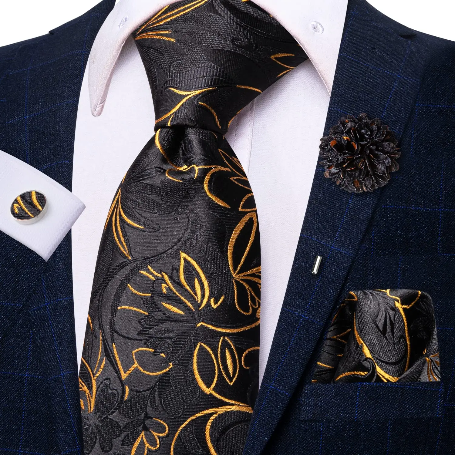 

Silk Elegent Necktie For Men Black Gold Tie With Brooch Floral Handky Cufflink Fashion Wedding Business Party Hi-Tie Designer