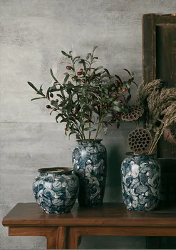 Retro Ceramic Vase Handwork Blue and White Porcelain Living Room Flower Vases Gold Stroke Decorative Home Tabletop Decoration 10