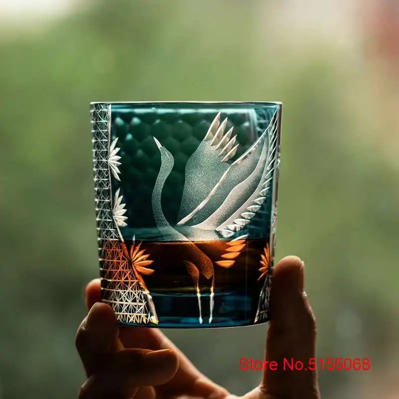 New Japanese Edo Kiriko Pine Crane Whiskey Glass Manual Carving Old Fashioned Whisky Tumbler Work Of Art Wine Cup Brandy Snifter
