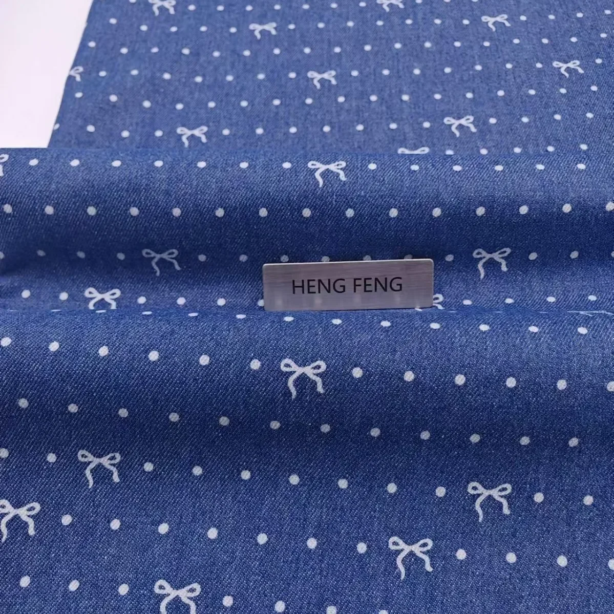 Trendy Polka Dot Bow Tie Denim Print Washed Fabric for Pants Jackets Skirts Bags Hats Home Use from Mainland China Origin
