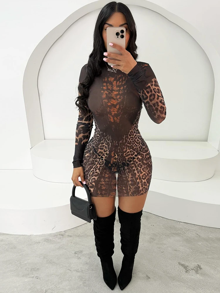 Nibber See Through Dress Women Sexy Coquette Leopard Print Full Sleeve o-Neck Stretch Wild Mini Bodycon Midnight Party Clubwear