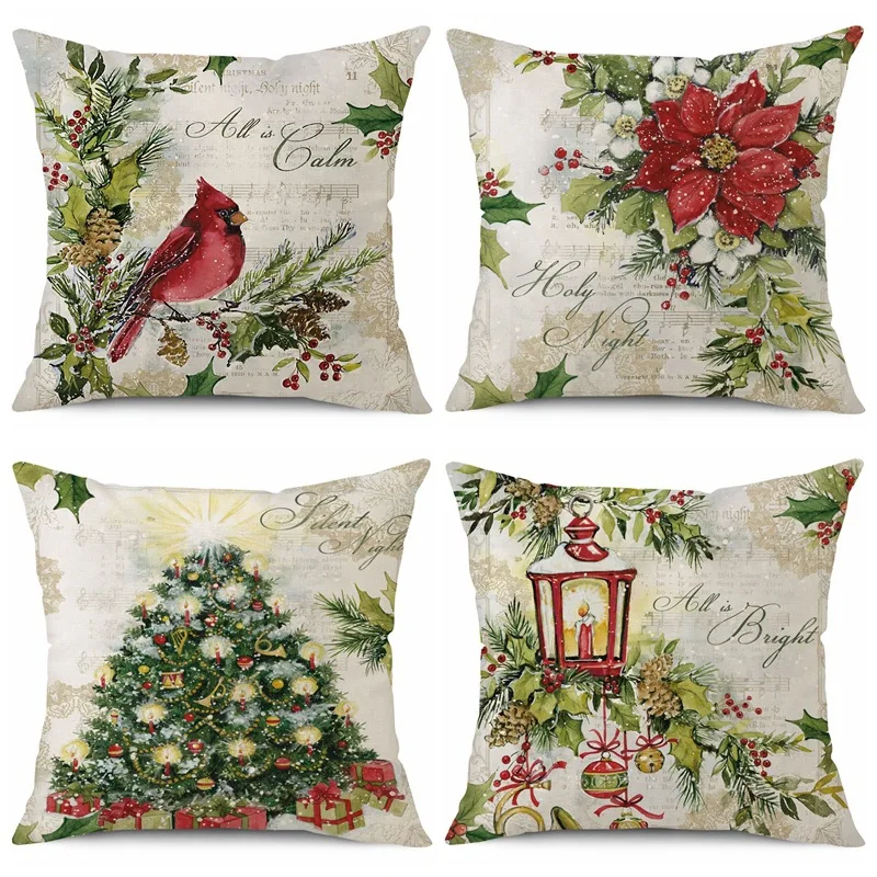 

Christmas Decorating Pillow Covers 18x18 inches Set of 4 for Home Decor Christmas Tree Cardinals Throw Pillow Cushion Cases