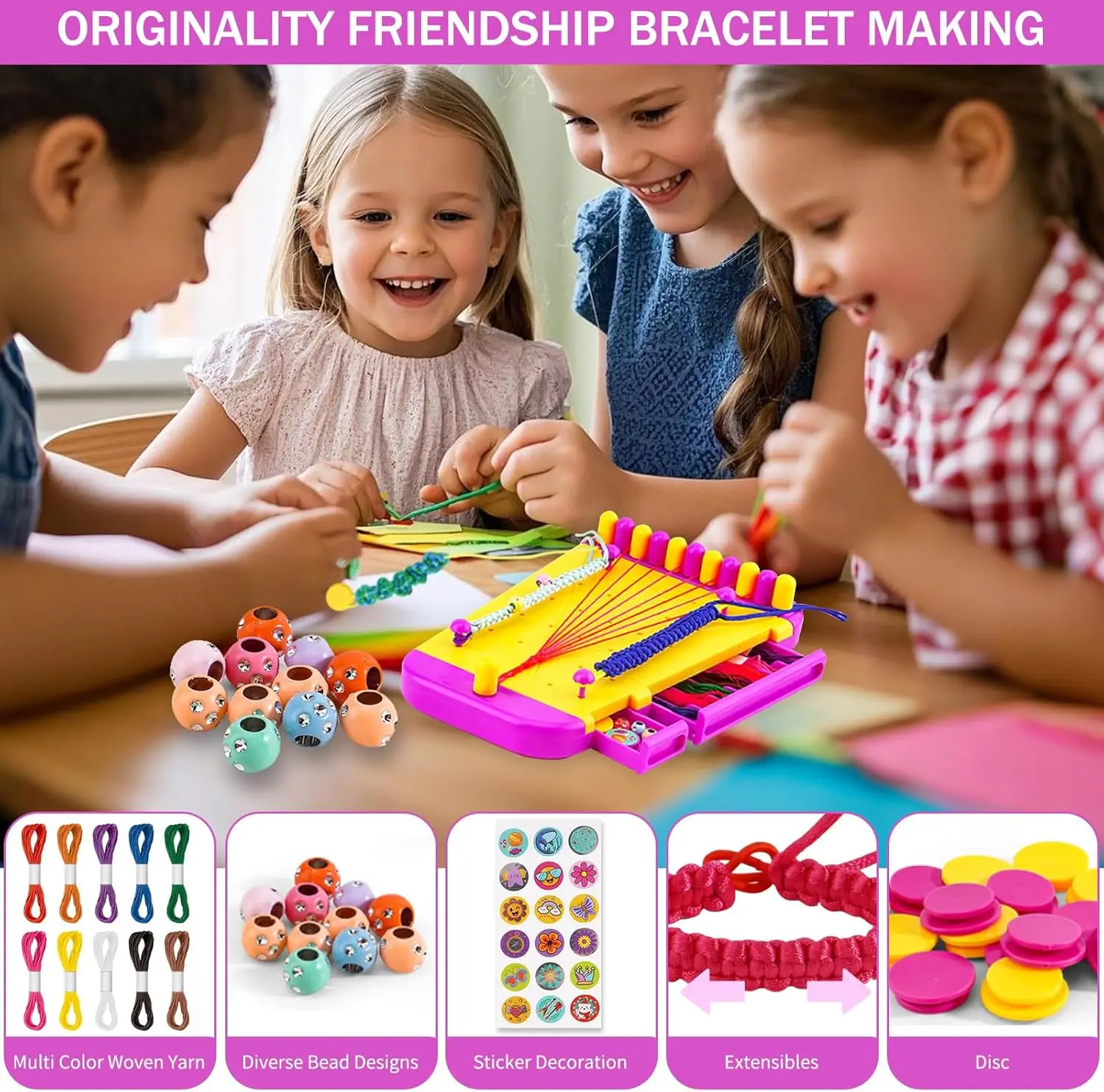 2 in 1 DIY Friendship Hand Rope Weaver Dress Up Toy Elastic Hand Rope Bracelet Making Set Pretend Play Gift for Girls' Birthday