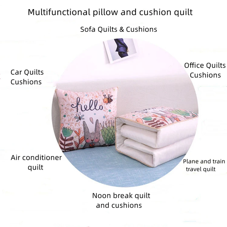 2 In 1 Pillow Travel Quilt Blanket Cartoon Thick Throw Pillow Portable Foldable Air Conditioner Cushion Blanket Car Sofa Office