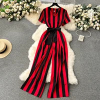 Gentle Women Jumpsuit Stripe V Neck Sleeveless 2024 Lace Up Bow High Street Korean Style Summer Long Senior Rompers - Image 5