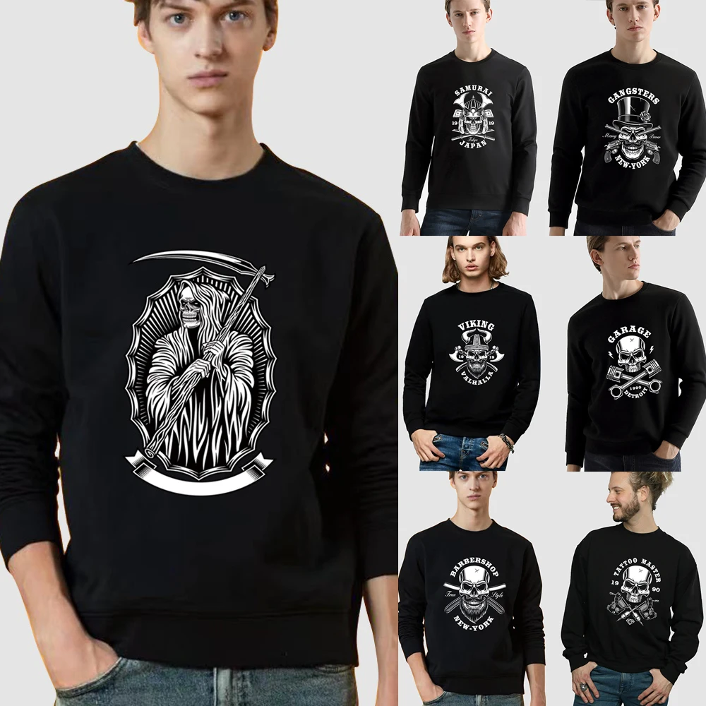 New Men's Pullover Casual Commuter Long Sleeve Sweatshirt Street Punk Skull Print Pattern Black Polyester O-Neck Autumn Hoodie