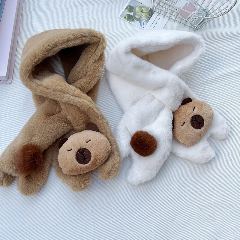 Cute Capybara Plush Scarf Autumn Winter Cold-proof Warm Scarf Sweet Windproof Thickened Cross Neck Fashion Accessories Girl Gift