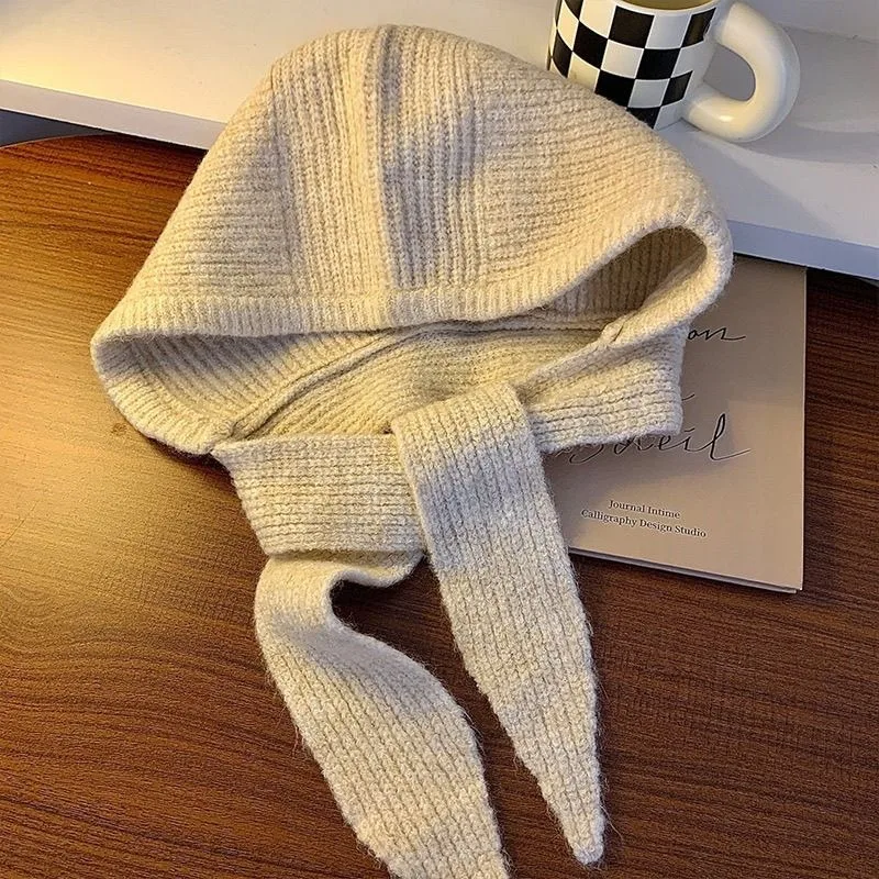 Korean Hats Scarf Set with Botton Scarf Balaclava Hat Warm Neck Set Women Knitted Wool Pullover Hat Gothic Y2k Winter