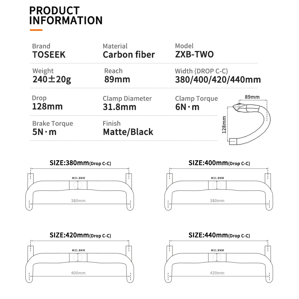 TOSEEK Full Carbon Fiber Handlebar 380/400/420/440mm Bent Bar Road Bike Carbon Handlebar Bicycle Parts