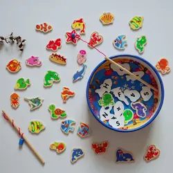 Jeu de pêche magnétique en bois, 41 pièces, jouets de Cognition de l'alphabet numérique, Double canne, poisson océan 3D, jeu de plein air, cadeaux pour bébés 