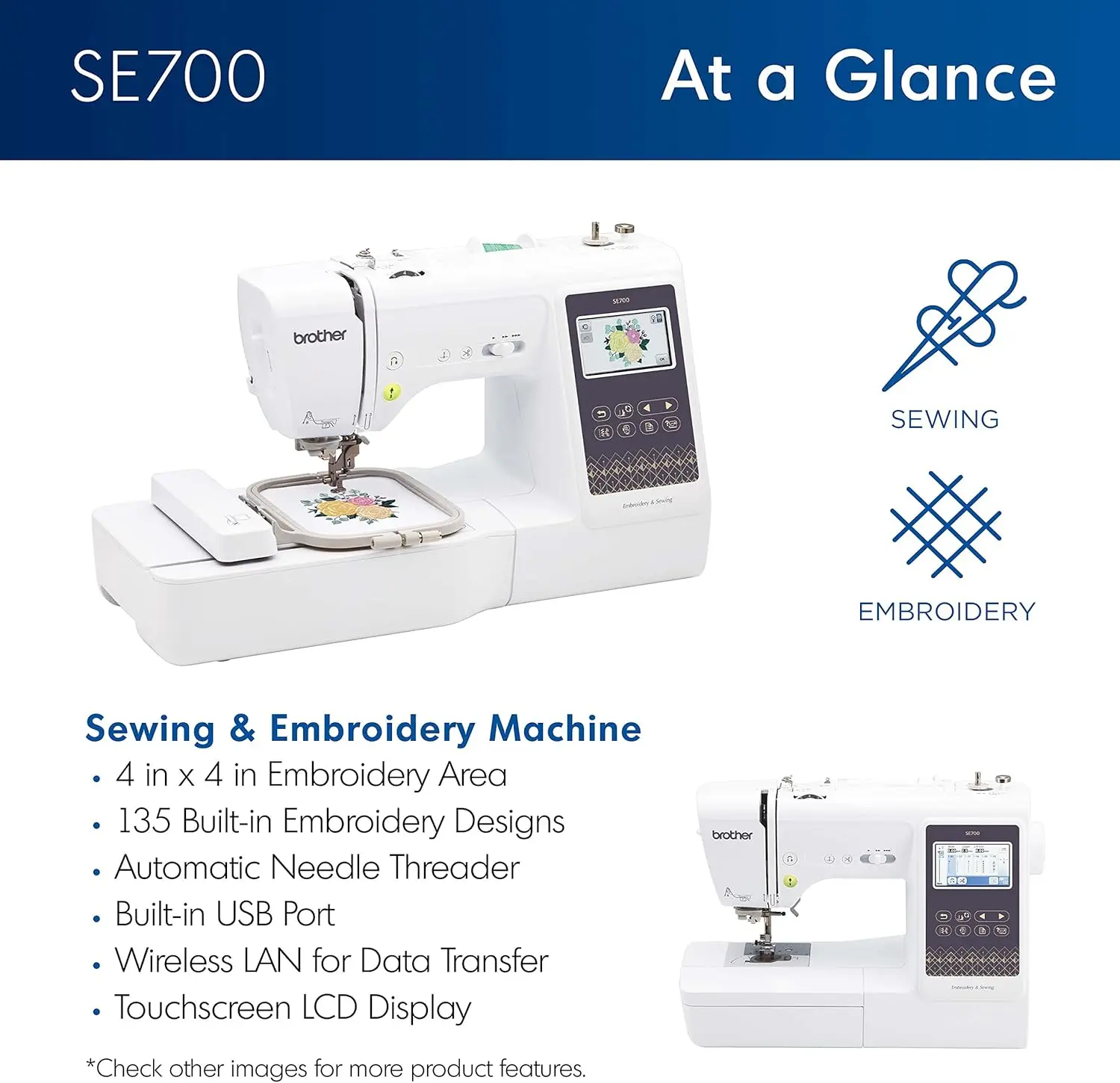 Brother Se700 Sewing And Embroidery Machine, Wireless Lan Connected, 135 Built-In Designs, 103 Built-In Stitches, Computerized,
