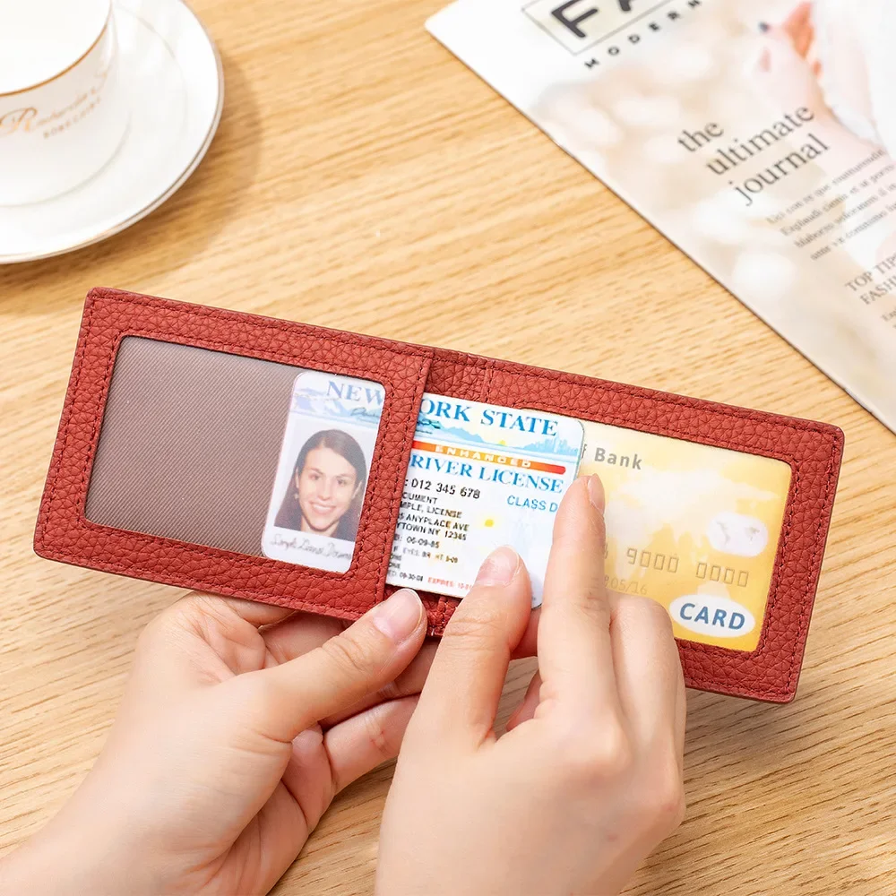 Thin Minimalist Bifold Design Driver's Licence Cover Genuine Leather ID Badge Window Slot Credit Debit Vaccinum Cards Holder