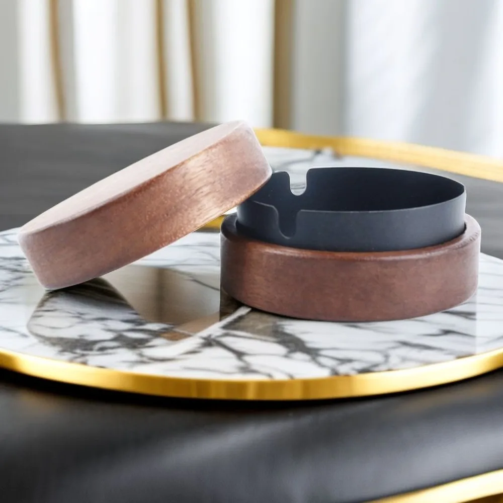

Wood Desktop Ashtray Stainless Steel Windproof Ash Tray for Smoking Office Decoration Smoking Accessories Smoking Trays