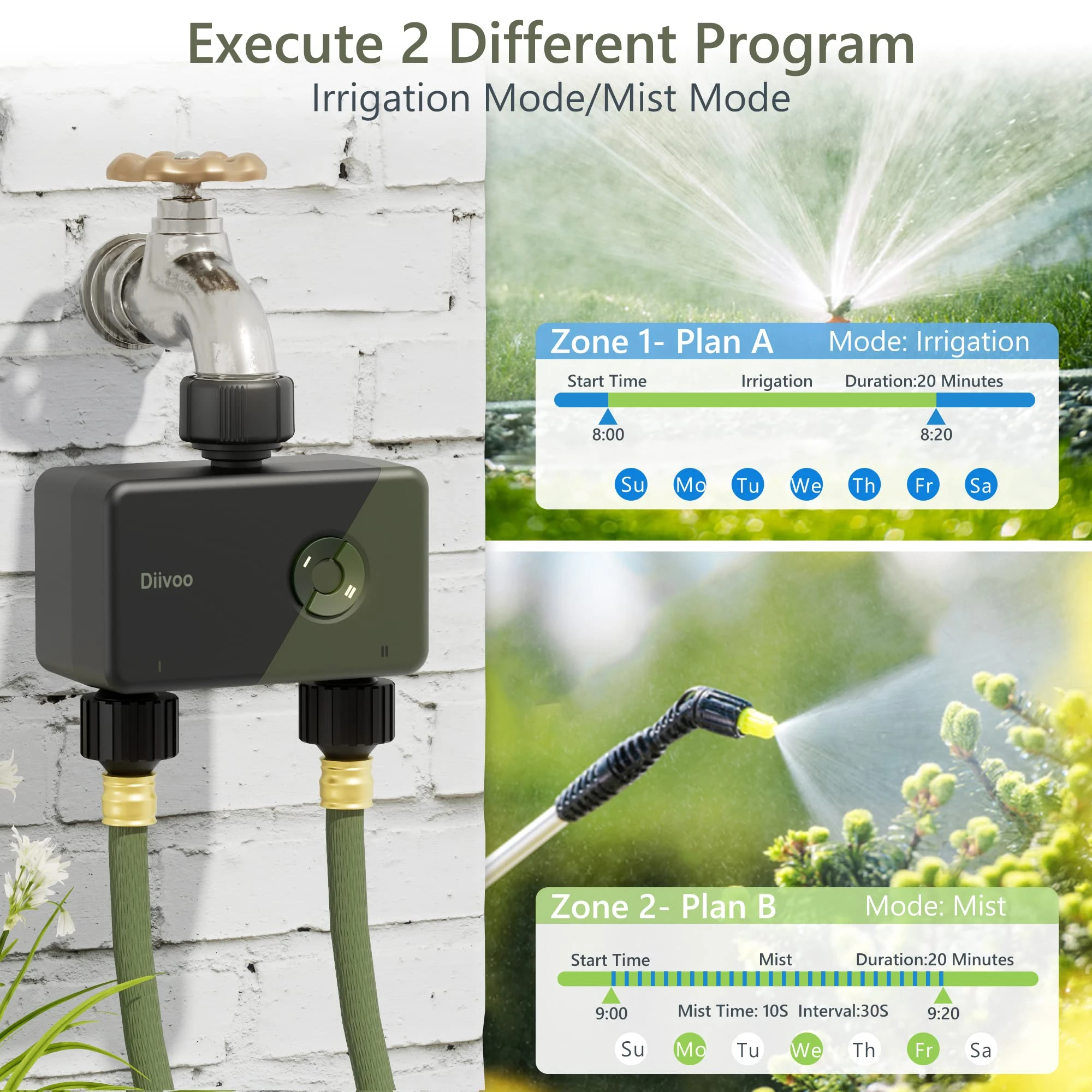 Diivoo 1/2 Zone Smart Sprinkler Water Timer for Garden with Rain Delay