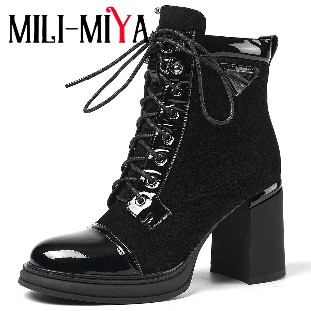 

MILI-MIYA Fashion Round Toe Cow Leather&Kid Suede Splicing Women Ankle Boots Thick Heels Black Solid Color Handmade For Ladies