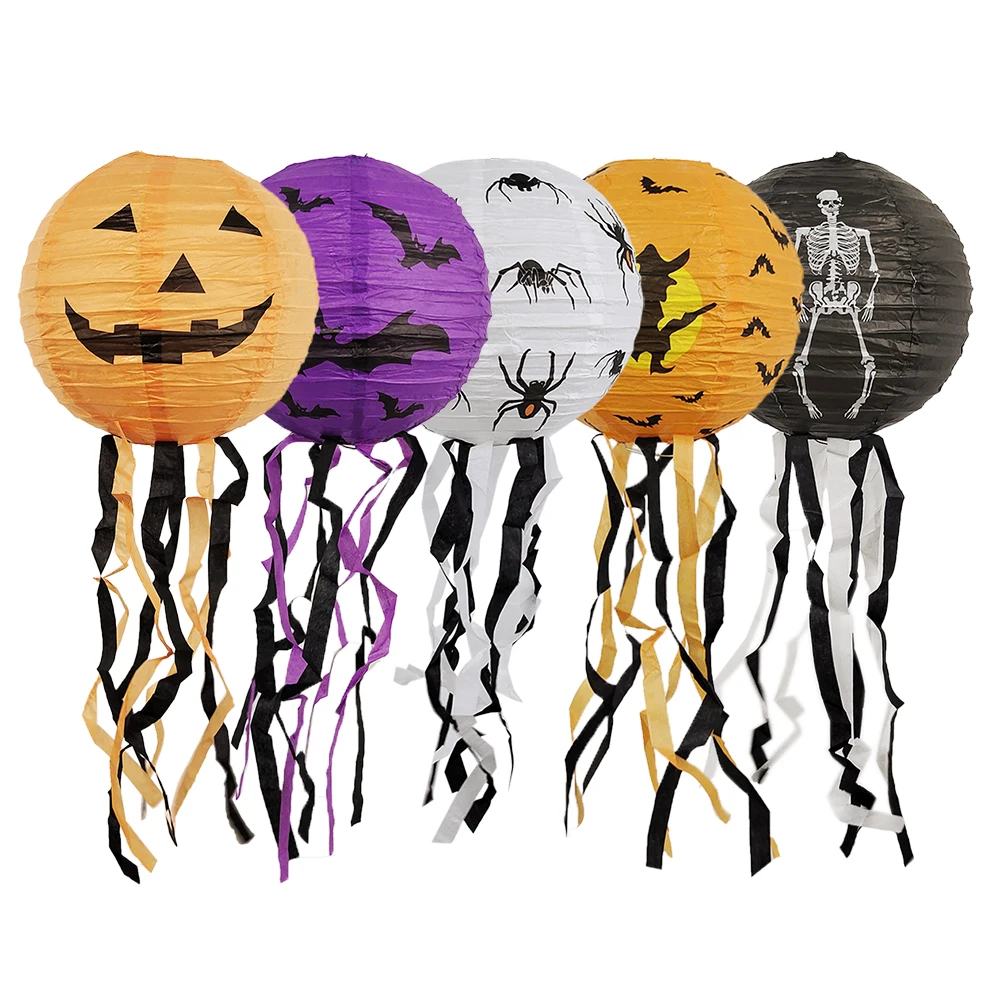 Lanternes D'Halloween En Papier Pliant - Lot De 8 - Motifs Citrouille, Chauve-Souris, Squelette - 29x15.5 Cm