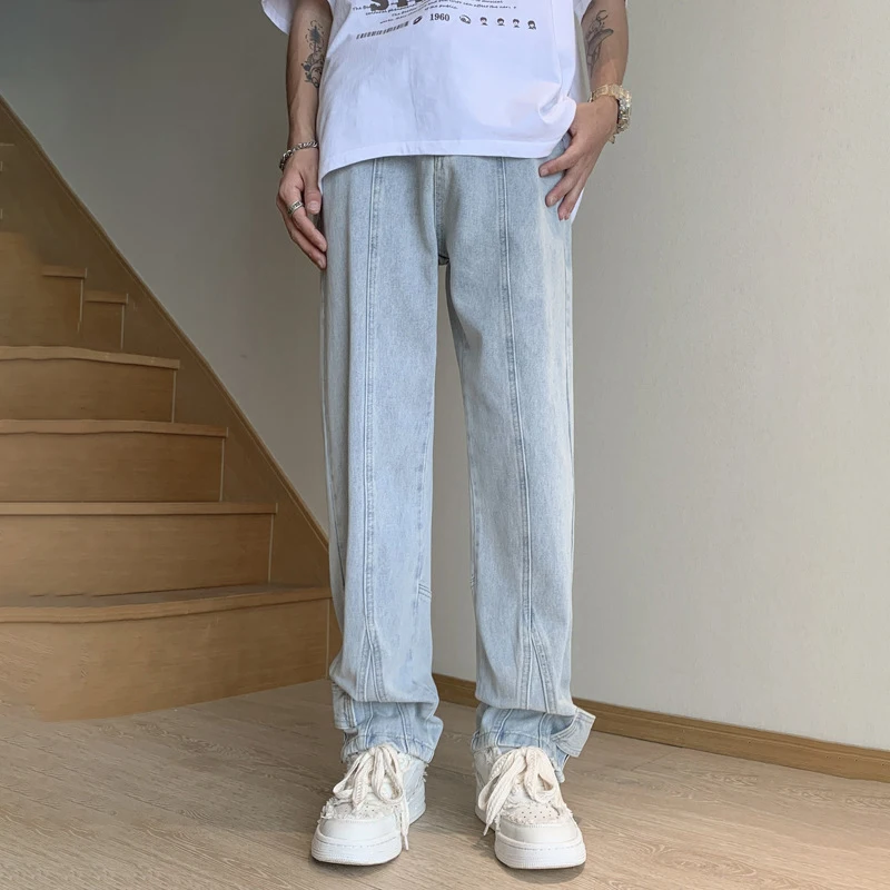 

TFETTERS Autumn New Khaki Straight Leg Jeans Men 2023 Zipper Piecing Mid Rise Loose Wide Leg Jeans Hip Hop Skateboard Streetwear