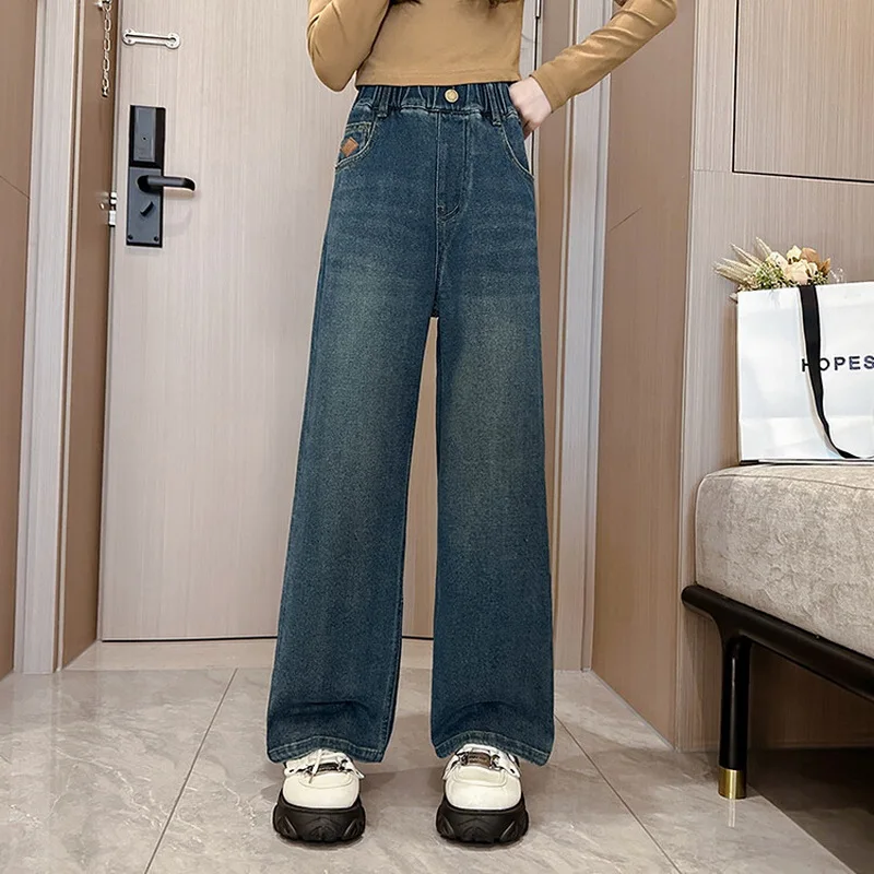 【Anyone more】Kid Washing Long Wide Autumn Denim Pants Kid High Rise Baggy Wide Leg Jeans - Lily Light Denim Wash