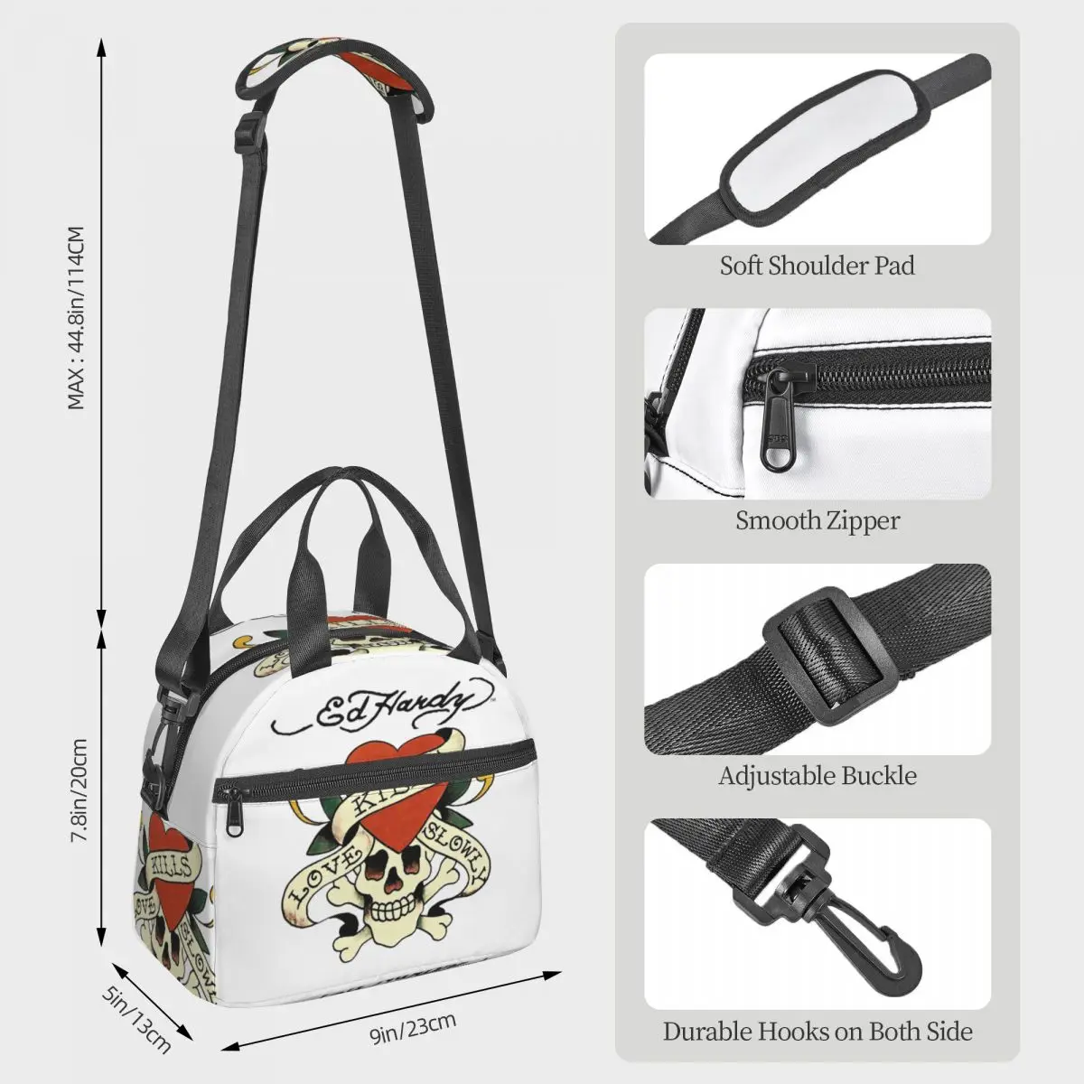 Ed Hardy Love Kills 여성용 느린 단열 도시락 가방 사무실 쿨러 열 상자 토트 휴대용 도시락 상자