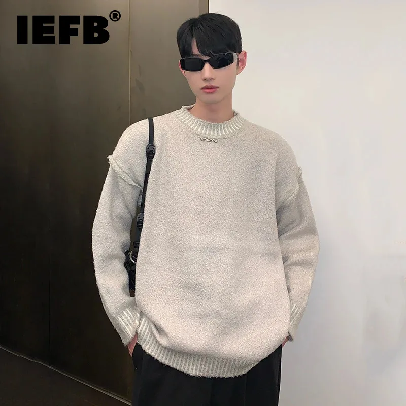 

IEFB Contrast Color Men's Pullover Sweater Spliced Round Neck Loose Tide Long Sleeve Male Top 2023 New Trendy Knits 9C3742