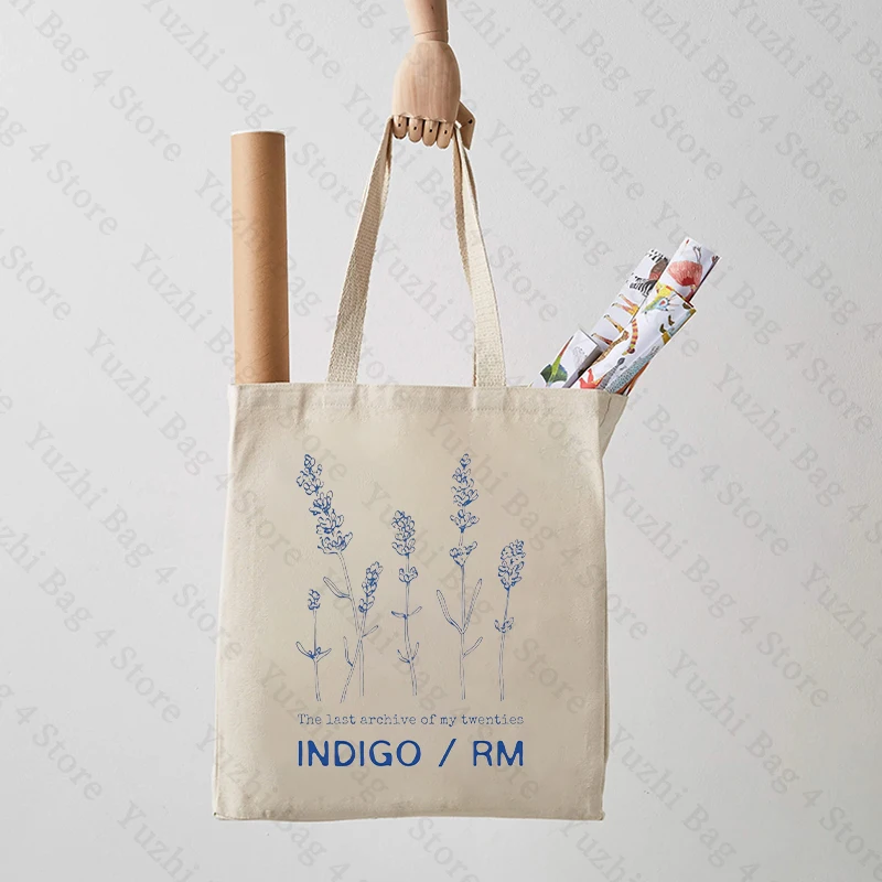 Indigo RM Pattern Tote Bag Fashion Music Album Canvas Shopping Bags Kpop Fan Gift Shoulder Bags Kim Namjoon Bags Kpop Flower Bag