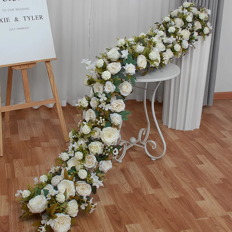 

White Rose Hydrangea Large Ball Artificial Green Plants Flower Row Runner, Wedding Backdrop Decor, Floral Wall, Party Props