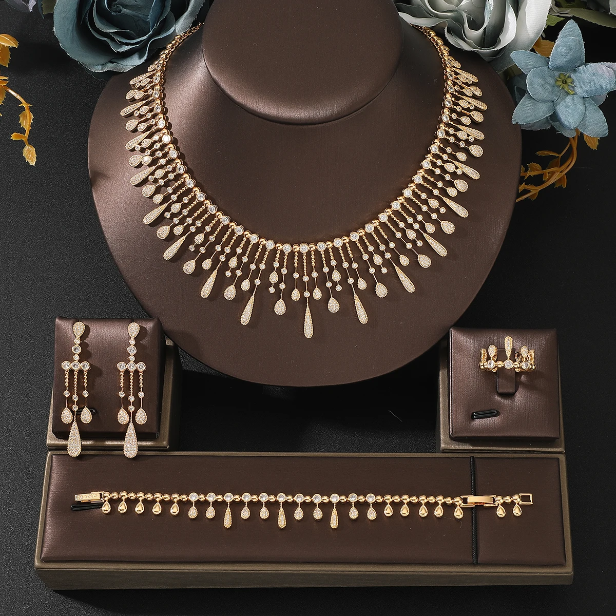 Women Fashion Waterdrop Cubic Zircon Tassel Bridal Necklace Bracelet Ring Earring Set Women Boutique Wedding Anniversary Jewelry 1