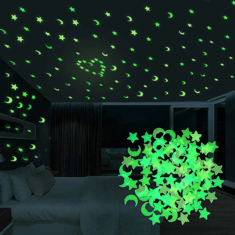 

100pcs Luminous Wall Stickers 3D Glow In The Dark Moon Stars Stickers for Kids Room Ceiling Switch Decoration Fluorescent Decals